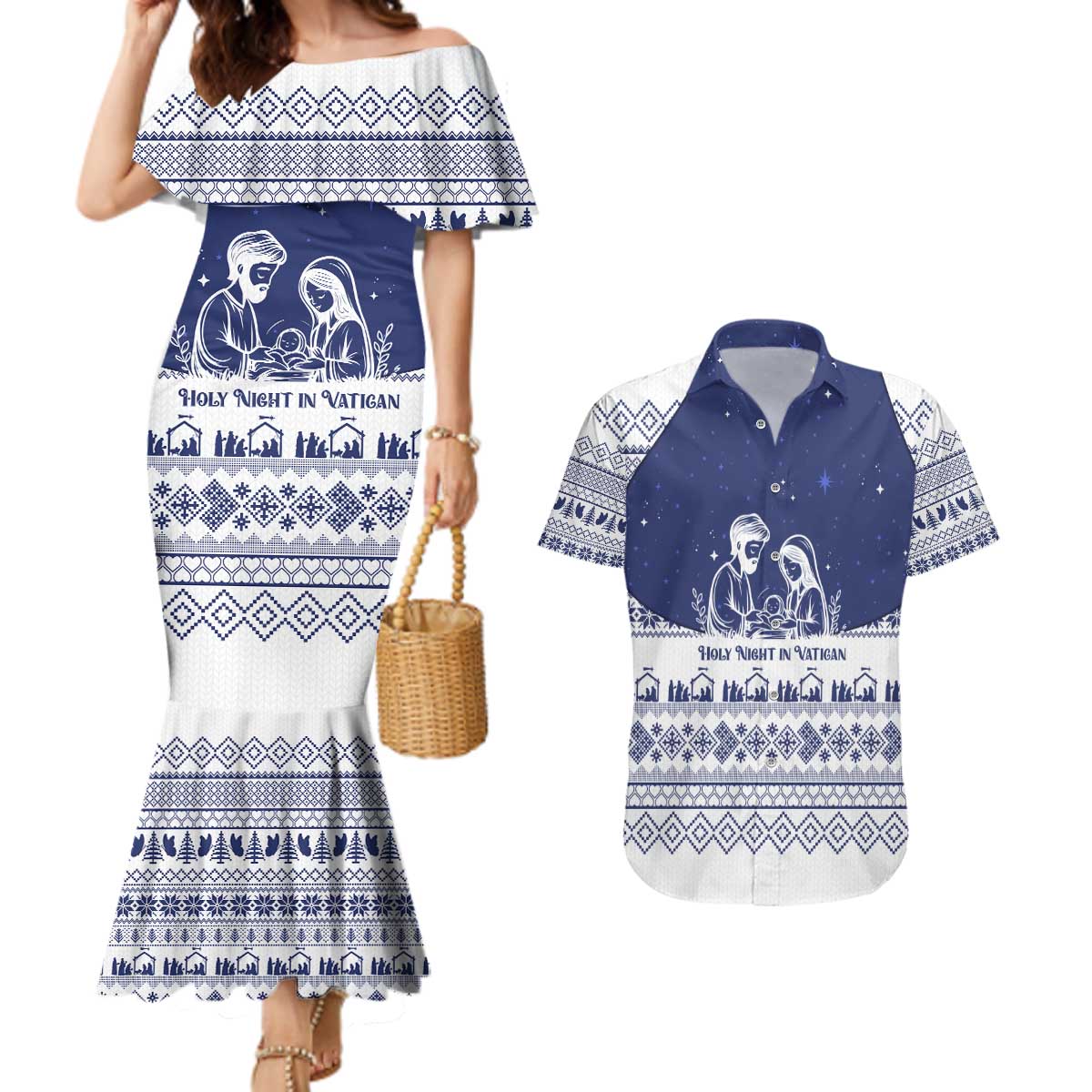 Vatican Christmas Couples Matching Mermaid Dress and Hawaiian Shirt with Holy Family Nativity Scene Snowflake Pattern and Starry Night - Wonder Print Shop