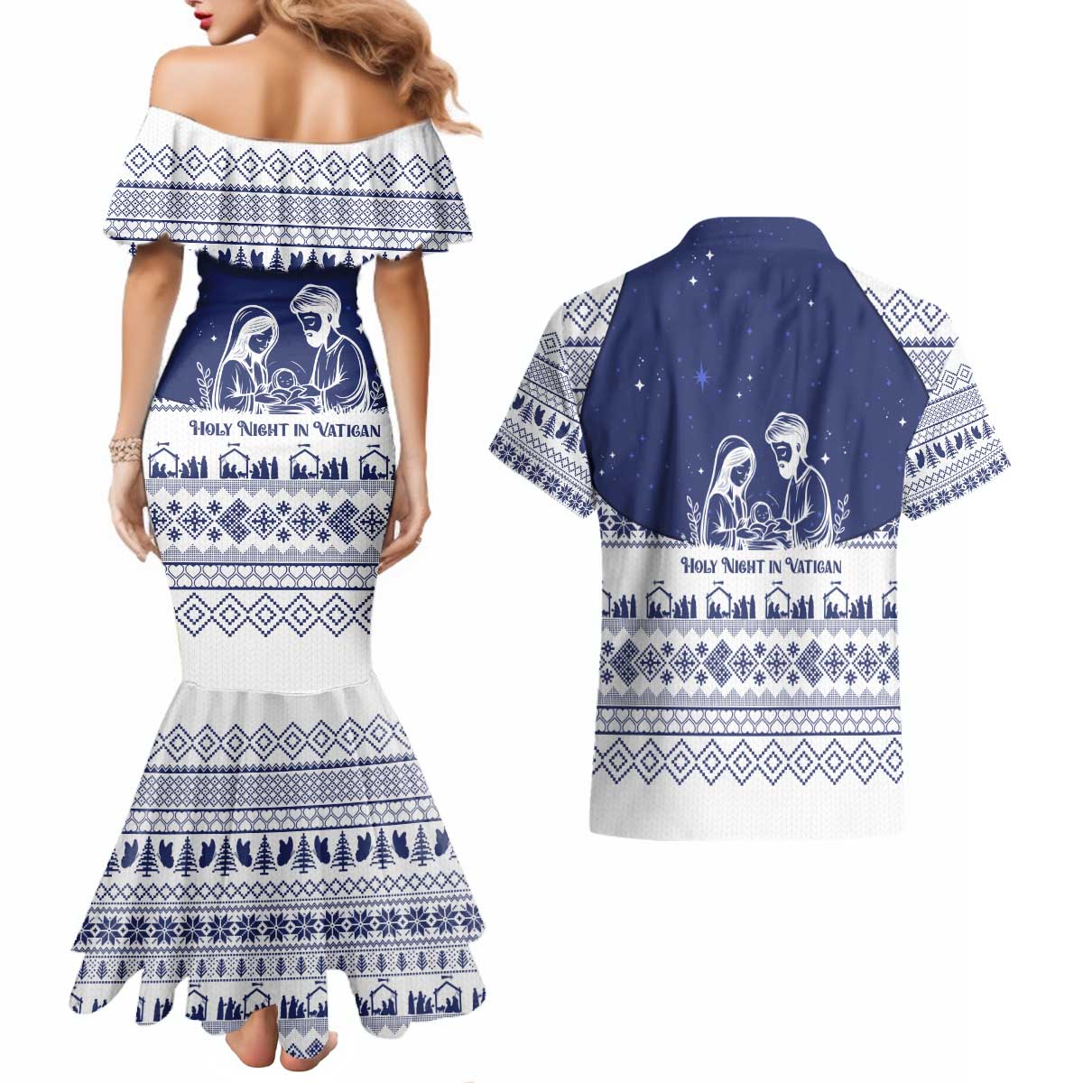 Vatican Christmas Couples Matching Mermaid Dress and Hawaiian Shirt with Holy Family Nativity Scene Snowflake Pattern and Starry Night - Wonder Print Shop