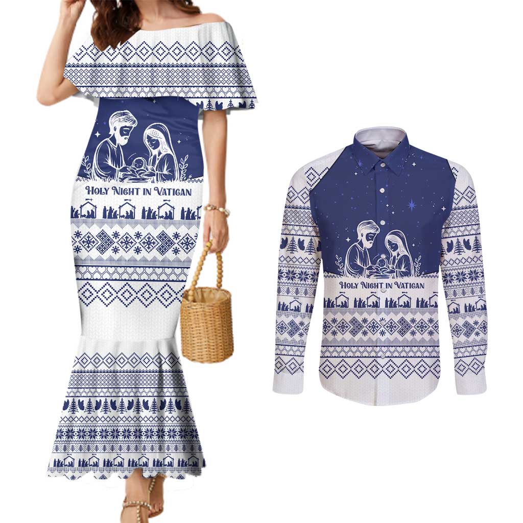 Vatican Christmas Couples Matching Mermaid Dress and Long Sleeve Button Shirt with Holy Family Nativity Scene Snowflake Pattern and Starry Night - Wonder Print Shop