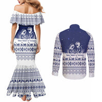 Vatican Christmas Couples Matching Mermaid Dress and Long Sleeve Button Shirt with Holy Family Nativity Scene Snowflake Pattern and Starry Night - Wonder Print Shop