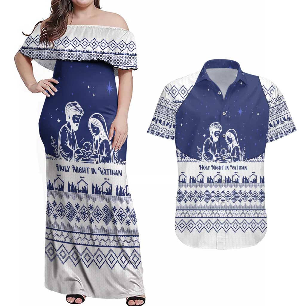 Vatican Christmas Couples Matching Off Shoulder Maxi Dress and Hawaiian Shirt with Holy Family Nativity Scene Snowflake Pattern and Starry Night - Wonder Print Shop