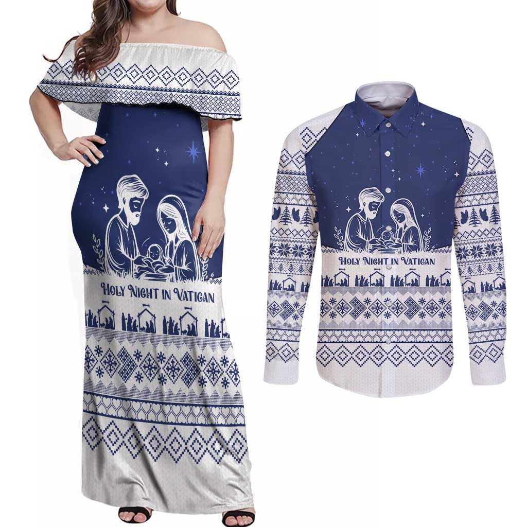 Vatican Christmas Couples Matching Off Shoulder Maxi Dress and Long Sleeve Button Shirt with Holy Family Nativity Scene Snowflake Pattern and Starry Night - Wonder Print Shop
