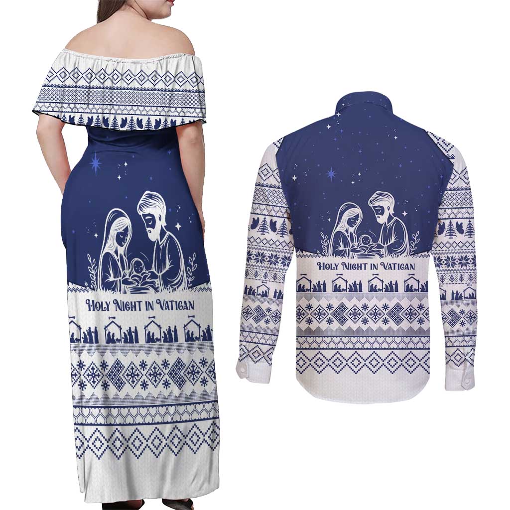 Vatican Christmas Couples Matching Off Shoulder Maxi Dress and Long Sleeve Button Shirt with Holy Family Nativity Scene Snowflake Pattern and Starry Night - Wonder Print Shop