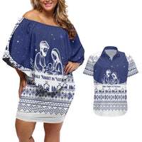 Vatican Christmas Couples Matching Off Shoulder Short Dress and Hawaiian Shirt with Holy Family Nativity Scene Snowflake Pattern and Starry Night - Wonder Print Shop