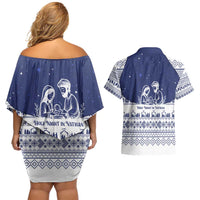 Vatican Christmas Couples Matching Off Shoulder Short Dress and Hawaiian Shirt with Holy Family Nativity Scene Snowflake Pattern and Starry Night - Wonder Print Shop