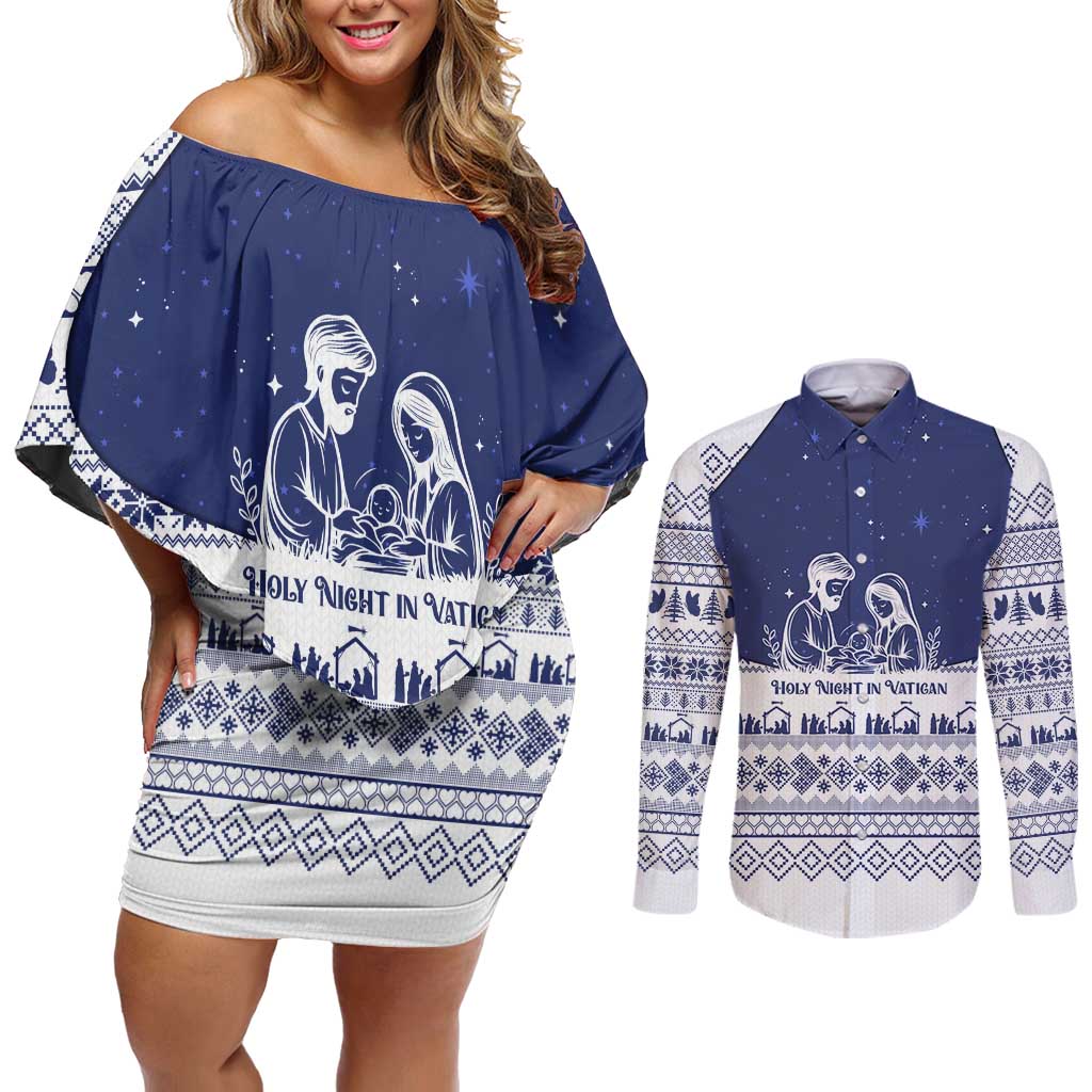 Vatican Christmas Couples Matching Off Shoulder Short Dress and Long Sleeve Button Shirt with Holy Family Nativity Scene Snowflake Pattern and Starry Night - Wonder Print Shop