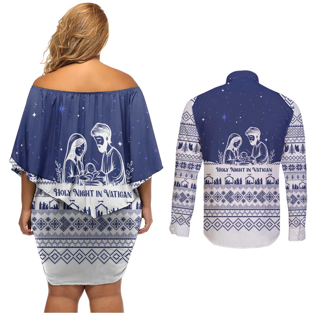 Vatican Christmas Couples Matching Off Shoulder Short Dress and Long Sleeve Button Shirt with Holy Family Nativity Scene Snowflake Pattern and Starry Night - Wonder Print Shop