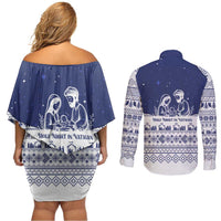 Vatican Christmas Couples Matching Off Shoulder Short Dress and Long Sleeve Button Shirt with Holy Family Nativity Scene Snowflake Pattern and Starry Night - Wonder Print Shop