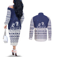 Vatican Christmas Couples Matching Off The Shoulder Long Sleeve Dress and Long Sleeve Button Shirt with Holy Family Nativity Scene Snowflake Pattern and Starry Night - Wonder Print Shop