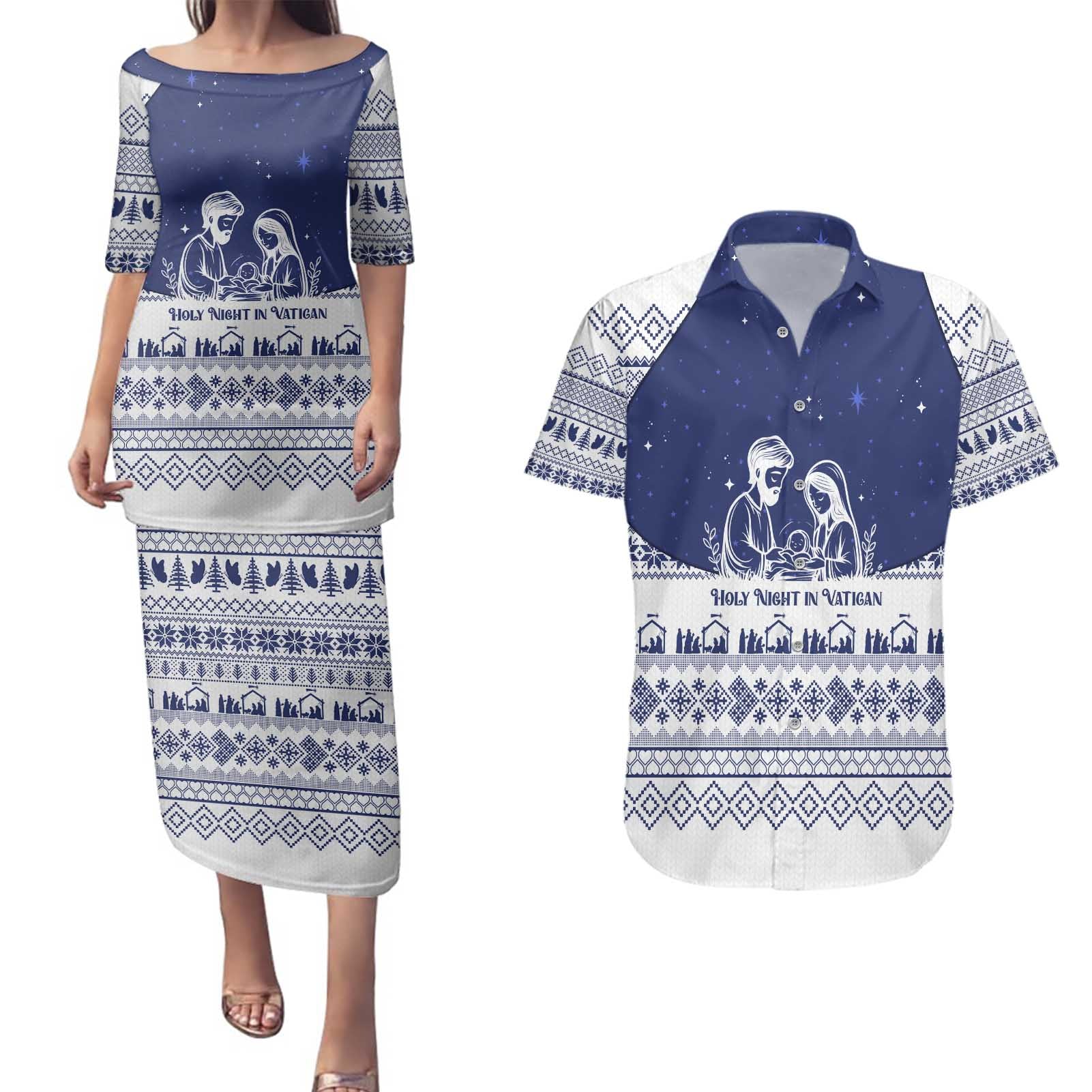 Vatican Christmas Couples Matching Puletasi and Hawaiian Shirt with Holy Family Nativity Scene Snowflake Pattern and Starry Night - Wonder Print Shop