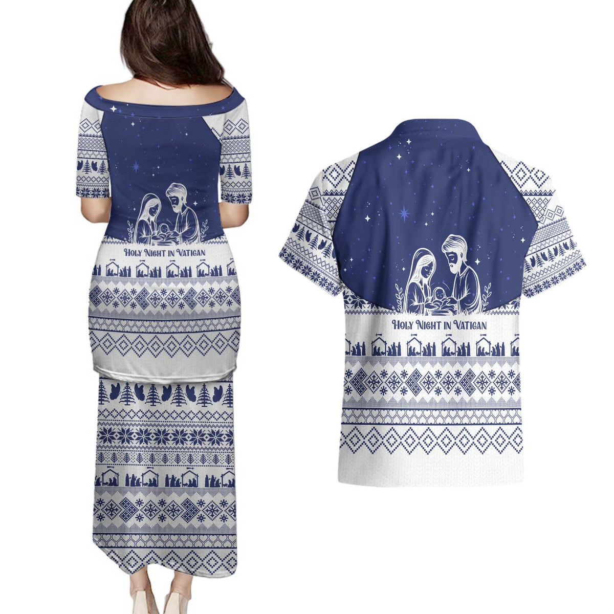 Vatican Christmas Couples Matching Puletasi and Hawaiian Shirt with Holy Family Nativity Scene Snowflake Pattern and Starry Night - Wonder Print Shop