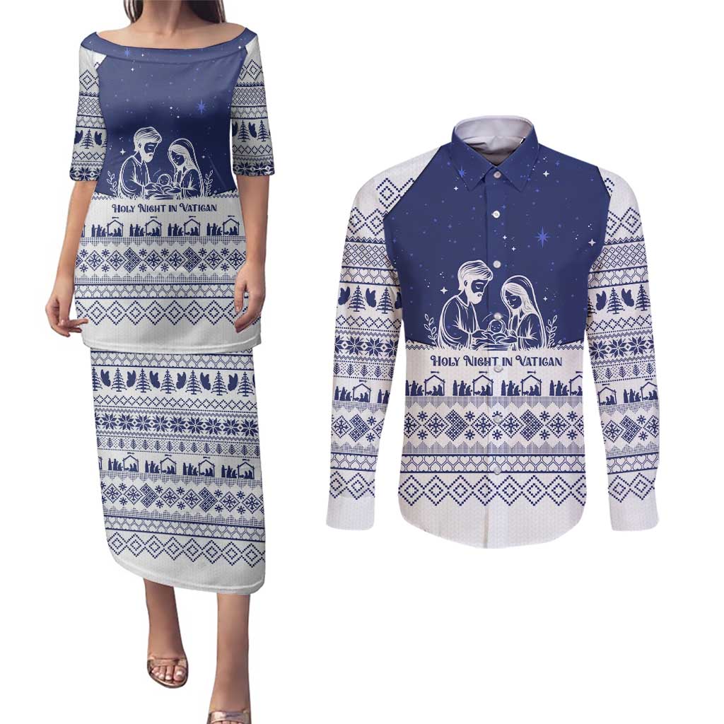 Vatican Christmas Couples Matching Puletasi and Long Sleeve Button Shirt with Holy Family Nativity Scene Snowflake Pattern and Starry Night - Wonder Print Shop