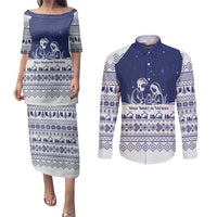 Vatican Christmas Couples Matching Puletasi and Long Sleeve Button Shirt with Holy Family Nativity Scene Snowflake Pattern and Starry Night - Wonder Print Shop