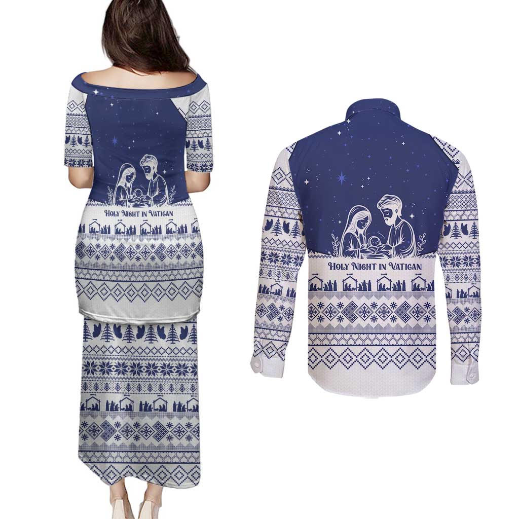 Vatican Christmas Couples Matching Puletasi and Long Sleeve Button Shirt with Holy Family Nativity Scene Snowflake Pattern and Starry Night - Wonder Print Shop