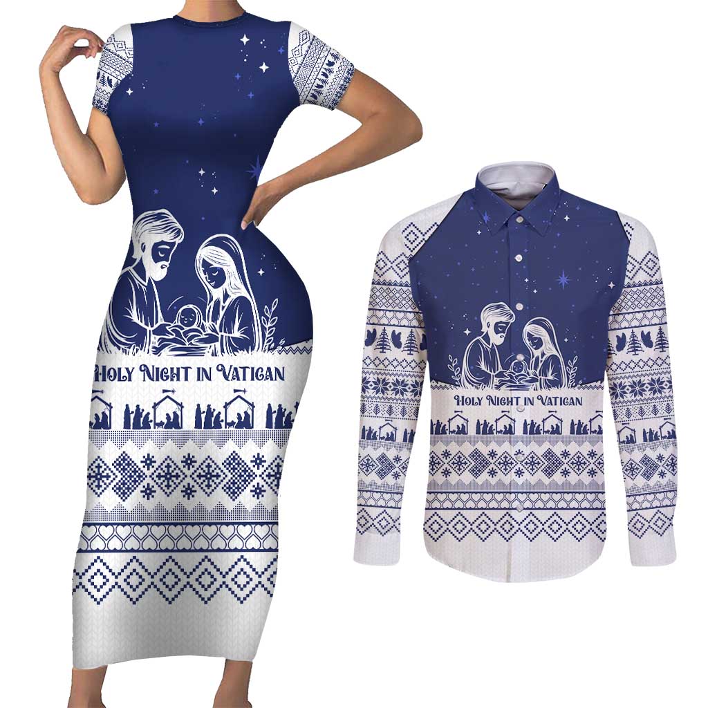 Vatican Christmas Couples Matching Short Sleeve Bodycon Dress and Long Sleeve Button Shirt with Holy Family Nativity Scene Snowflake Pattern and Starry Night - Wonder Print Shop