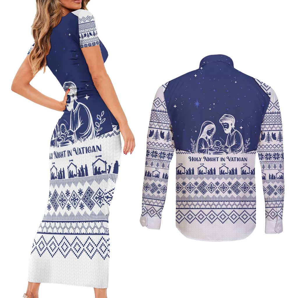 Vatican Christmas Couples Matching Short Sleeve Bodycon Dress and Long Sleeve Button Shirt with Holy Family Nativity Scene Snowflake Pattern and Starry Night - Wonder Print Shop