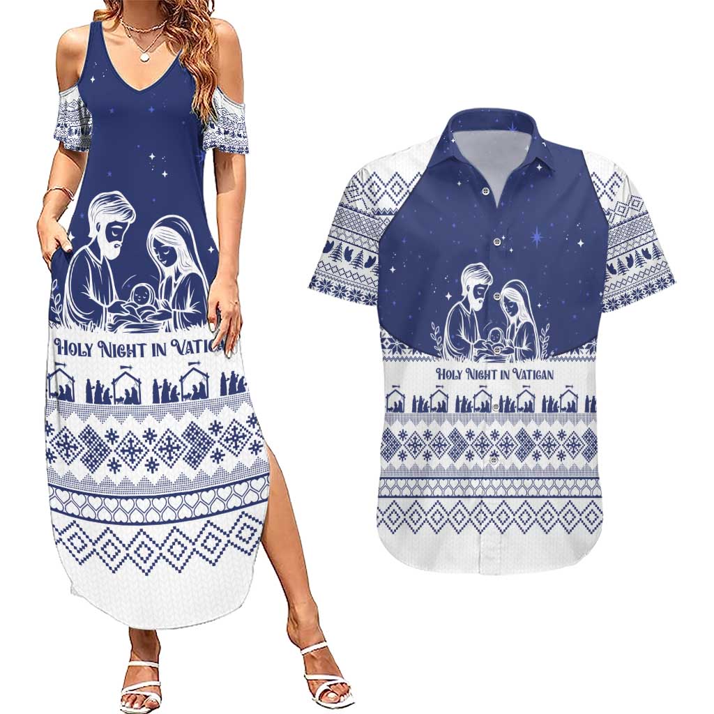Vatican Christmas Couples Matching Summer Maxi Dress and Hawaiian Shirt with Holy Family Nativity Scene Snowflake Pattern and Starry Night - Wonder Print Shop