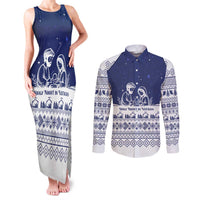 Vatican Christmas Couples Matching Tank Maxi Dress and Long Sleeve Button Shirt with Holy Family Nativity Scene Snowflake Pattern and Starry Night - Wonder Print Shop
