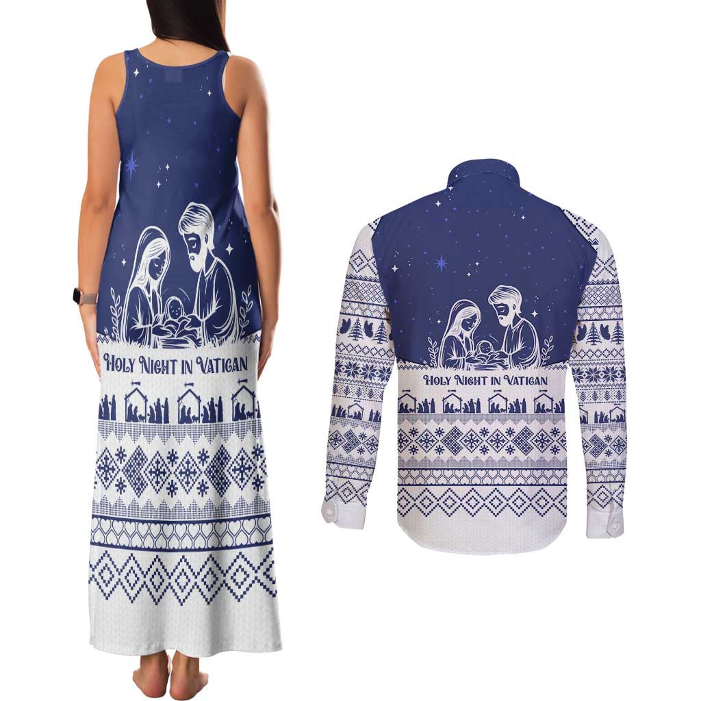 Vatican Christmas Couples Matching Tank Maxi Dress and Long Sleeve Button Shirt with Holy Family Nativity Scene Snowflake Pattern and Starry Night - Wonder Print Shop