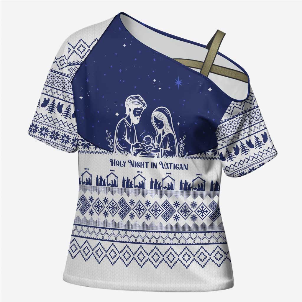 Vatican Christmas Cross Shoulder Shirt with Holy Family Nativity Scene Snowflake Pattern and Starry Night - Wonder Print Shop