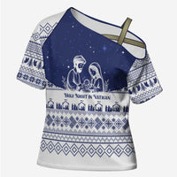 Vatican Christmas Cross Shoulder Shirt with Holy Family Nativity Scene Snowflake Pattern and Starry Night - Wonder Print Shop