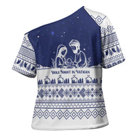 Vatican Christmas Cross Shoulder Shirt with Holy Family Nativity Scene Snowflake Pattern and Starry Night - Wonder Print Shop