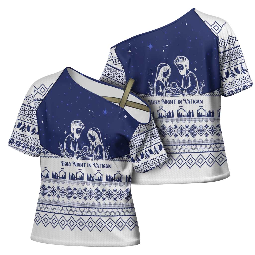 Vatican Christmas Cross Shoulder Shirt with Holy Family Nativity Scene Snowflake Pattern and Starry Night - Wonder Print Shop