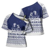 Vatican Christmas Cross Shoulder Shirt with Holy Family Nativity Scene Snowflake Pattern and Starry Night - Wonder Print Shop