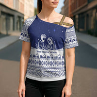 Vatican Christmas Cross Shoulder Shirt with Holy Family Nativity Scene Snowflake Pattern and Starry Night - Wonder Print Shop