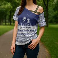 Vatican Christmas Cross Shoulder Shirt with Holy Family Nativity Scene Snowflake Pattern and Starry Night - Wonder Print Shop