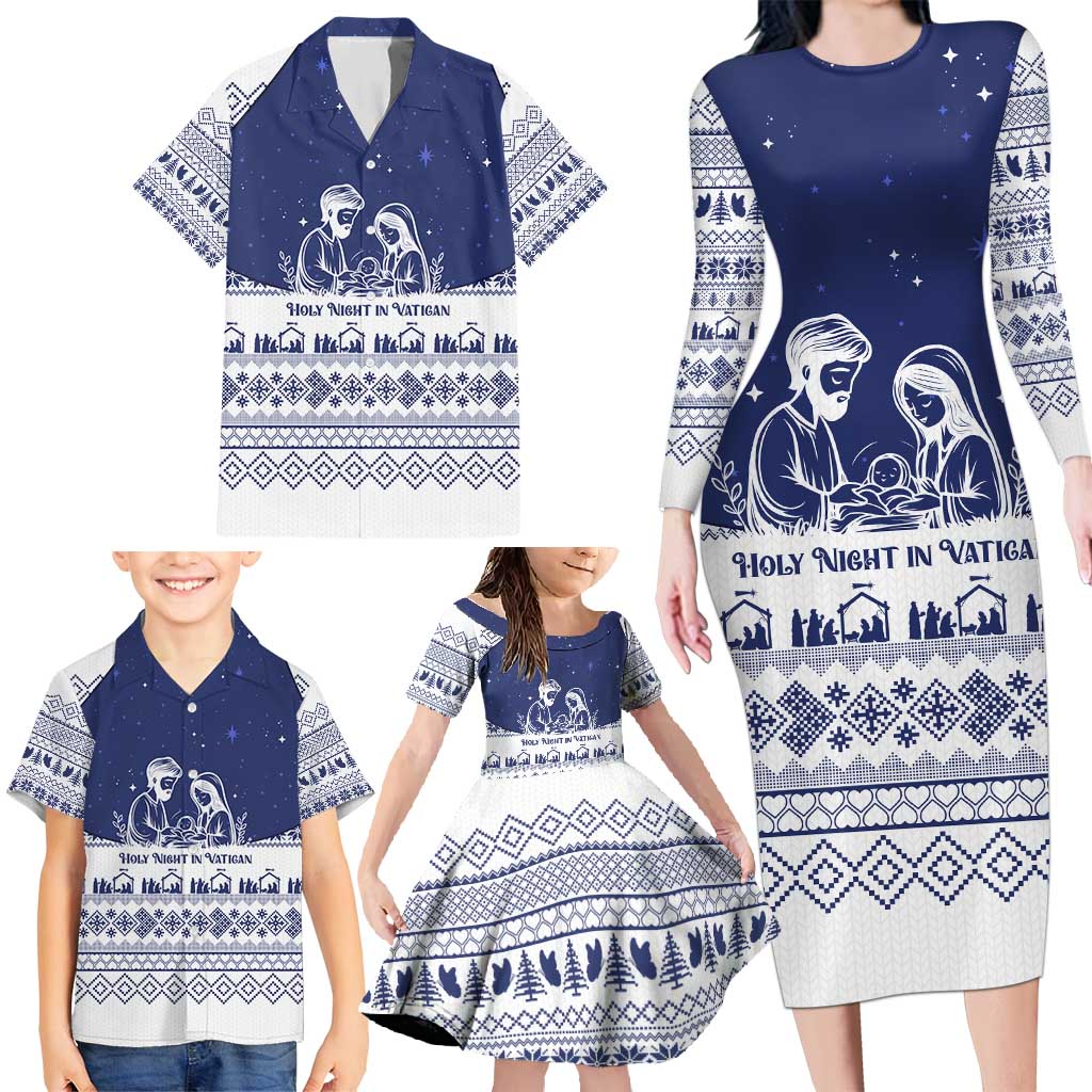 Vatican Christmas Family Matching Long Sleeve Bodycon Dress and Hawaiian Shirt with Holy Family Nativity Scene Snowflake Pattern and Starry Night - Wonder Print Shop