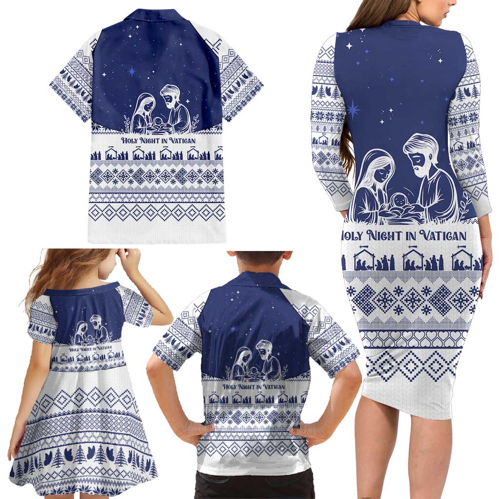 Vatican Christmas Family Matching Long Sleeve Bodycon Dress and Hawaiian Shirt with Holy Family Nativity Scene Snowflake Pattern and Starry Night - Wonder Print Shop