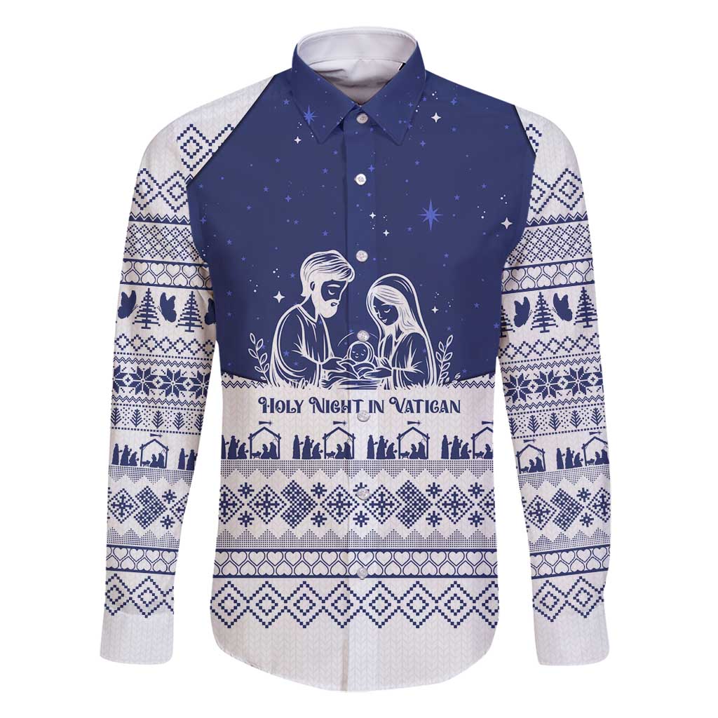 Vatican Christmas Family Matching Long Sleeve Bodycon Dress and Hawaiian Shirt with Holy Family Nativity Scene Snowflake Pattern and Starry Night - Wonder Print Shop