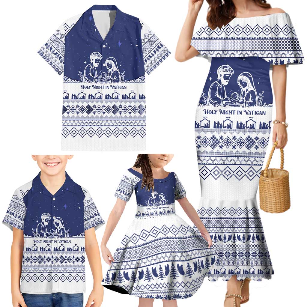 Vatican Christmas Family Matching Mermaid Dress and Hawaiian Shirt with Holy Family Nativity Scene Snowflake Pattern and Starry Night - Wonder Print Shop