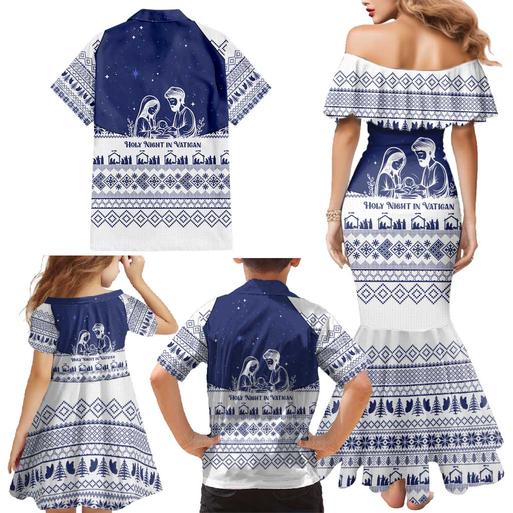 Vatican Christmas Family Matching Mermaid Dress and Hawaiian Shirt with Holy Family Nativity Scene Snowflake Pattern and Starry Night - Wonder Print Shop