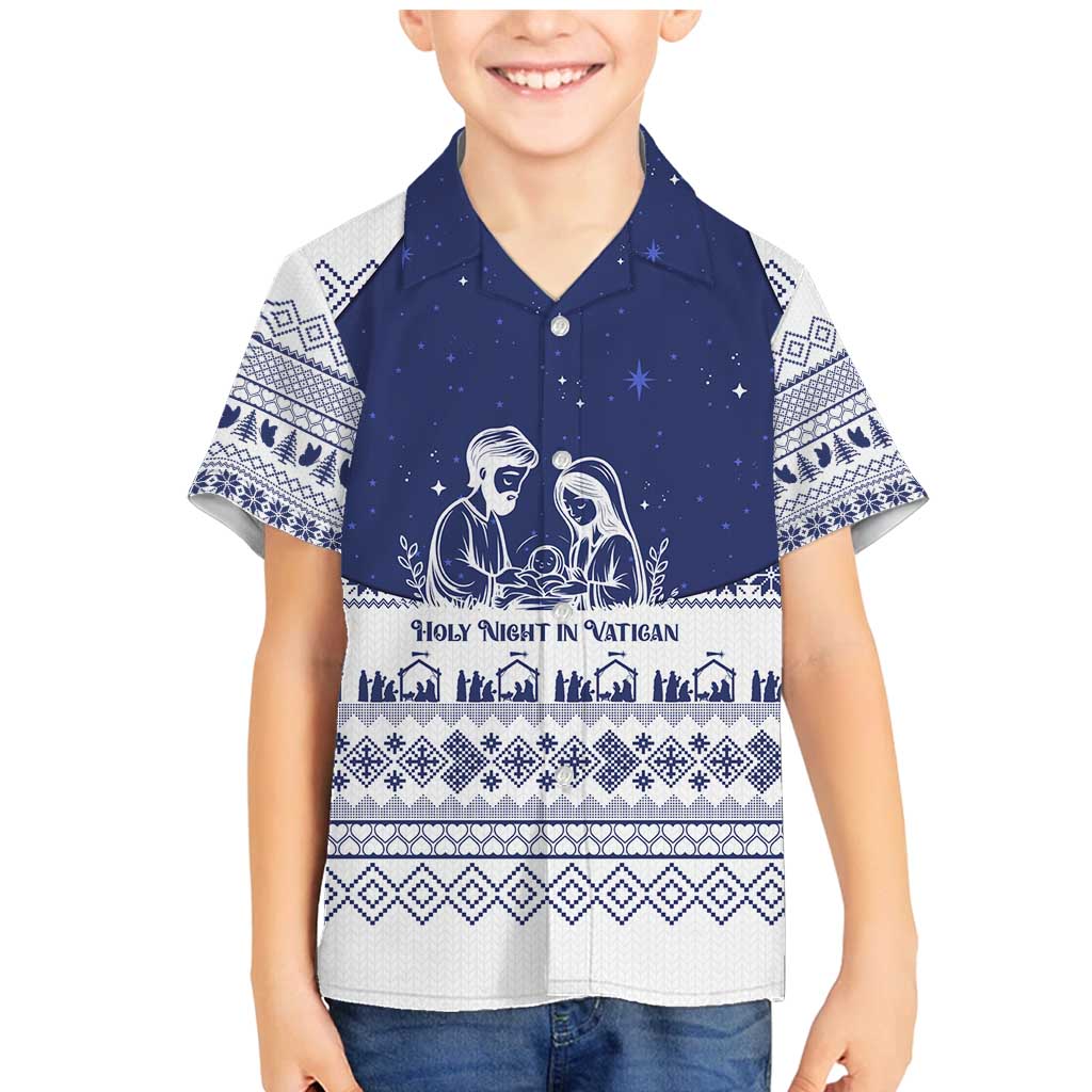 Vatican Christmas Family Matching Mermaid Dress and Hawaiian Shirt with Holy Family Nativity Scene Snowflake Pattern and Starry Night - Wonder Print Shop