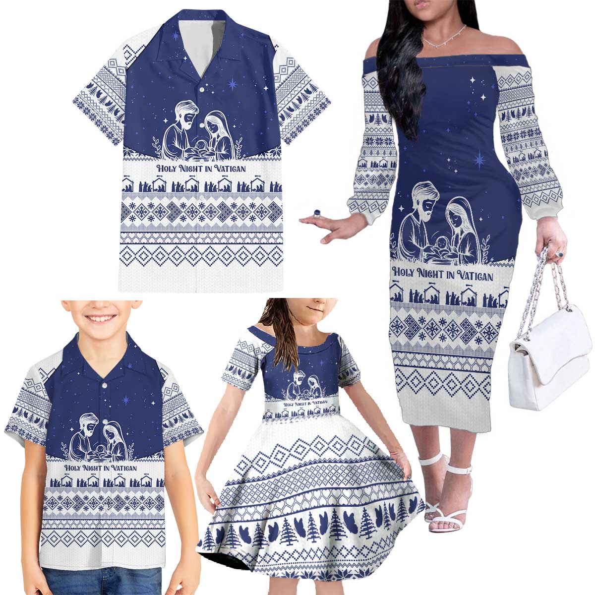 Vatican Christmas Family Matching Off The Shoulder Long Sleeve Dress and Hawaiian Shirt with Holy Family Nativity Scene Snowflake Pattern and Starry Night - Wonder Print Shop