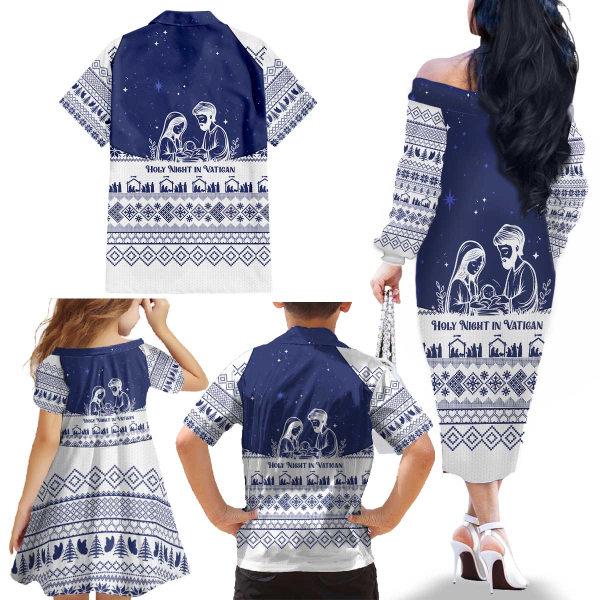 Vatican Christmas Family Matching Off The Shoulder Long Sleeve Dress and Hawaiian Shirt with Holy Family Nativity Scene Snowflake Pattern and Starry Night - Wonder Print Shop