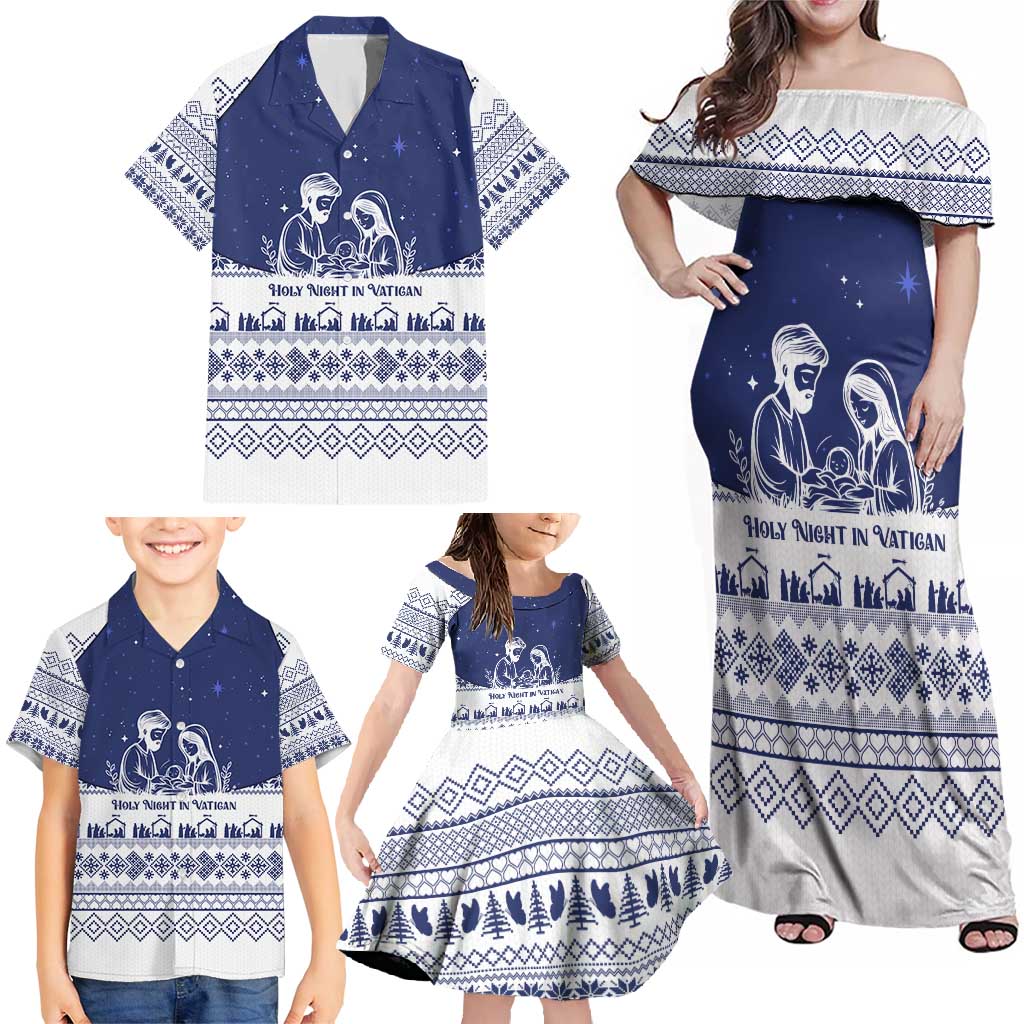 Vatican Christmas Family Matching Off Shoulder Maxi Dress and Hawaiian Shirt with Holy Family Nativity Scene Snowflake Pattern and Starry Night - Wonder Print Shop