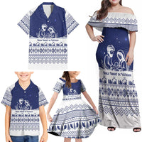 Vatican Christmas Family Matching Off Shoulder Maxi Dress and Hawaiian Shirt with Holy Family Nativity Scene Snowflake Pattern and Starry Night - Wonder Print Shop