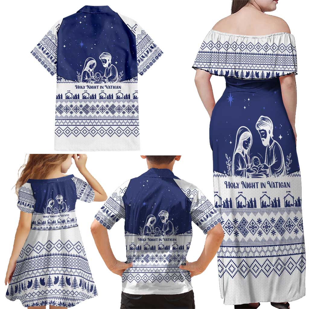 Vatican Christmas Family Matching Off Shoulder Maxi Dress and Hawaiian Shirt with Holy Family Nativity Scene Snowflake Pattern and Starry Night - Wonder Print Shop