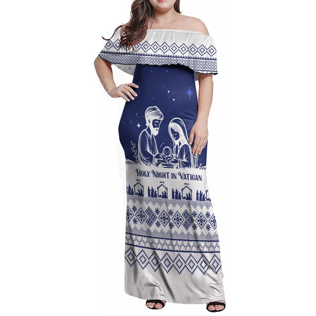 Vatican Christmas Family Matching Off Shoulder Maxi Dress and Hawaiian Shirt with Holy Family Nativity Scene Snowflake Pattern and Starry Night - Wonder Print Shop