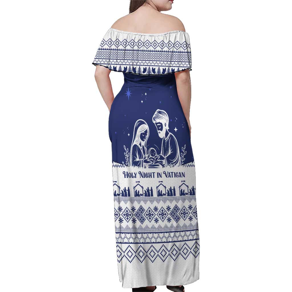 Vatican Christmas Family Matching Off Shoulder Maxi Dress and Hawaiian Shirt with Holy Family Nativity Scene Snowflake Pattern and Starry Night - Wonder Print Shop