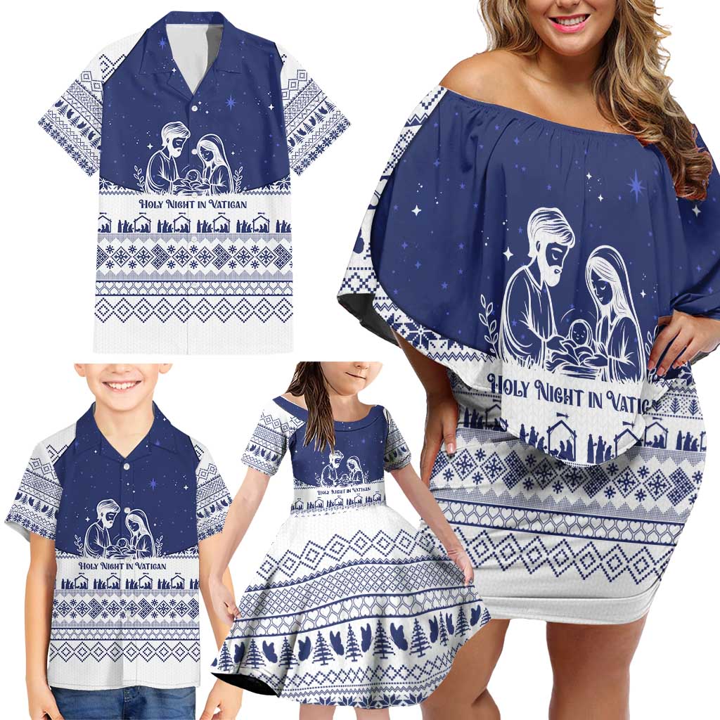 Vatican Christmas Family Matching Off Shoulder Short Dress and Hawaiian Shirt with Holy Family Nativity Scene Snowflake Pattern and Starry Night - Wonder Print Shop