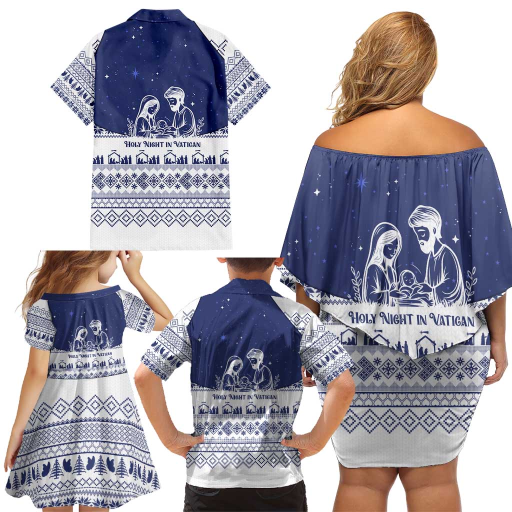 Vatican Christmas Family Matching Off Shoulder Short Dress and Hawaiian Shirt with Holy Family Nativity Scene Snowflake Pattern and Starry Night - Wonder Print Shop