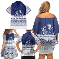 Vatican Christmas Family Matching Off Shoulder Short Dress and Hawaiian Shirt with Holy Family Nativity Scene Snowflake Pattern and Starry Night - Wonder Print Shop