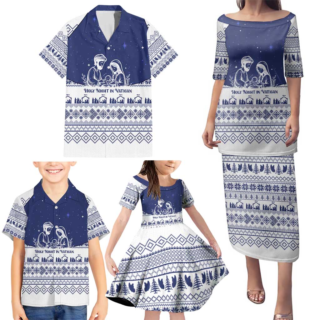 Vatican Christmas Family Matching Puletasi and Hawaiian Shirt with Holy Family Nativity Scene Snowflake Pattern and Starry Night - Wonder Print Shop