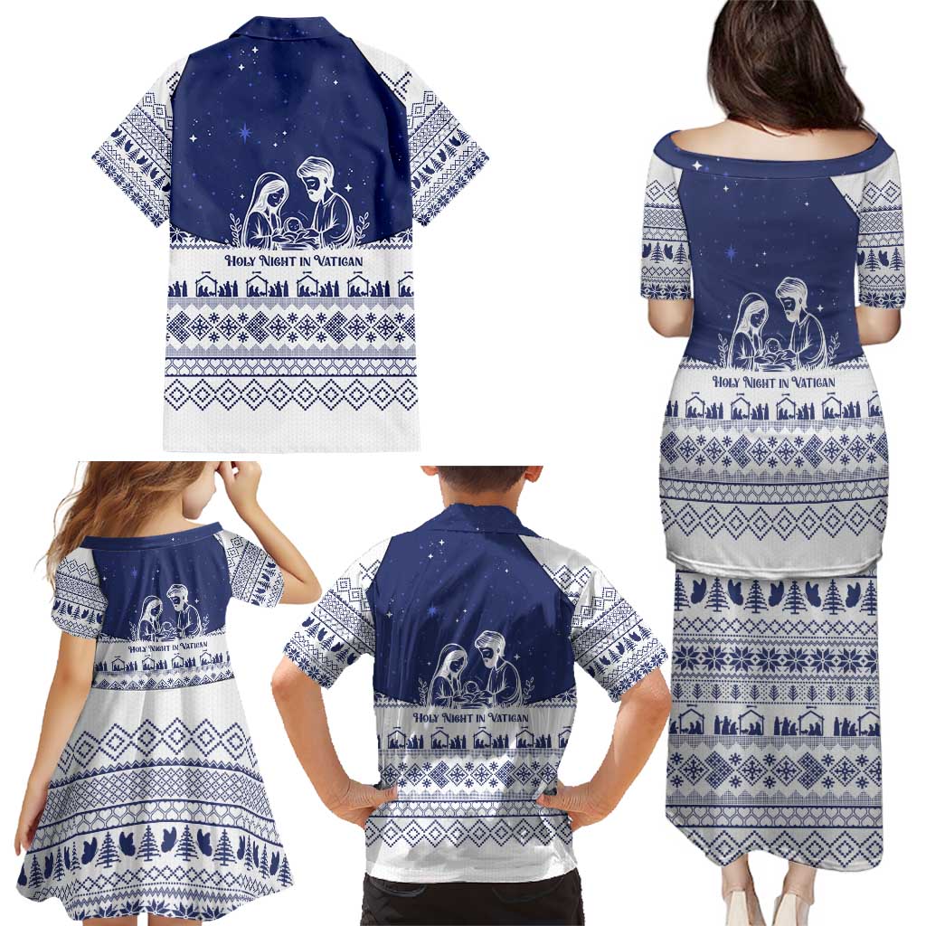 Vatican Christmas Family Matching Puletasi and Hawaiian Shirt with Holy Family Nativity Scene Snowflake Pattern and Starry Night - Wonder Print Shop