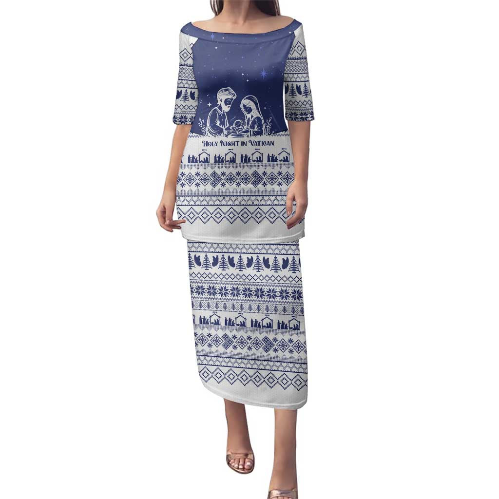 Vatican Christmas Family Matching Puletasi and Hawaiian Shirt with Holy Family Nativity Scene Snowflake Pattern and Starry Night - Wonder Print Shop