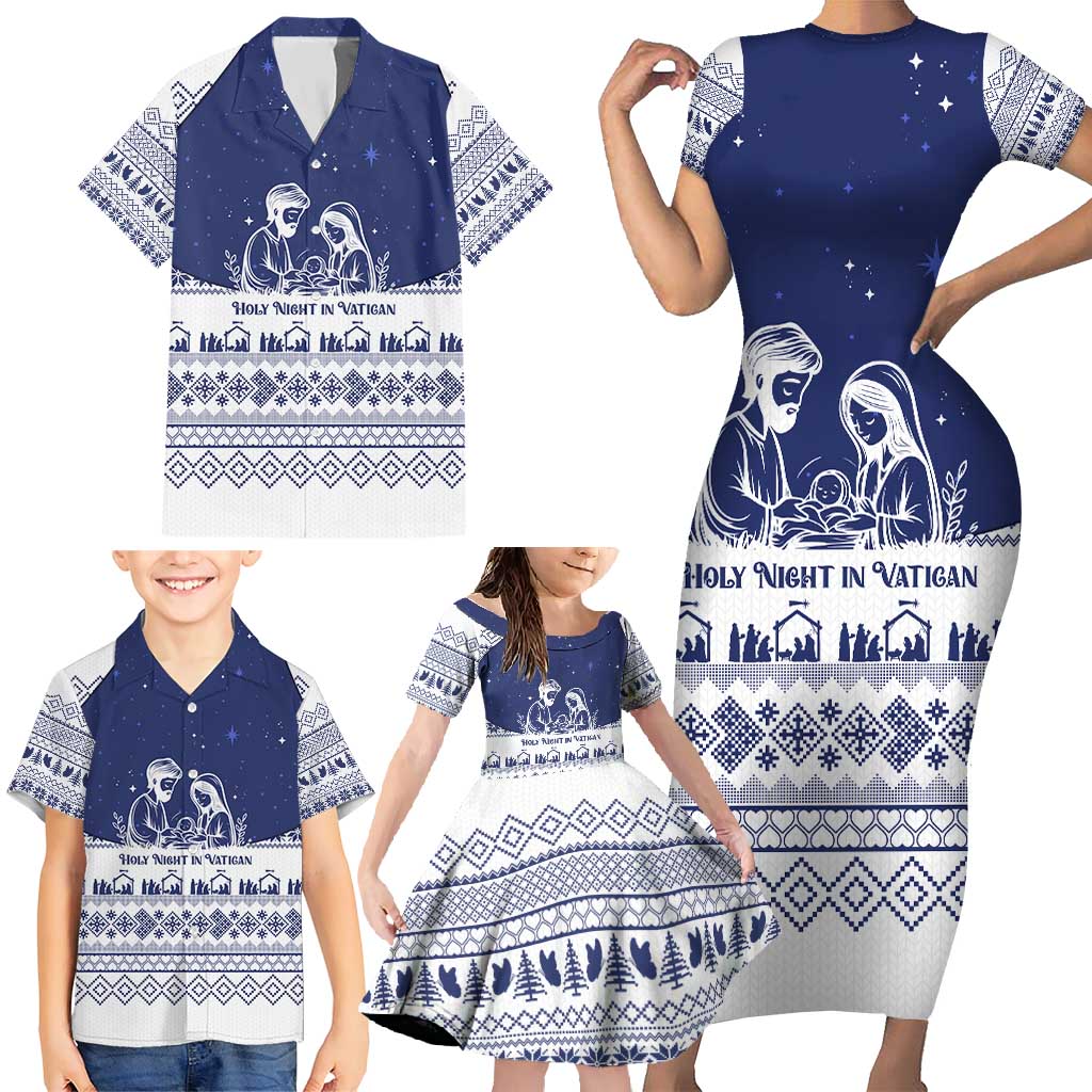 Vatican Christmas Family Matching Short Sleeve Bodycon Dress and Hawaiian Shirt with Holy Family Nativity Scene Snowflake Pattern and Starry Night - Wonder Print Shop